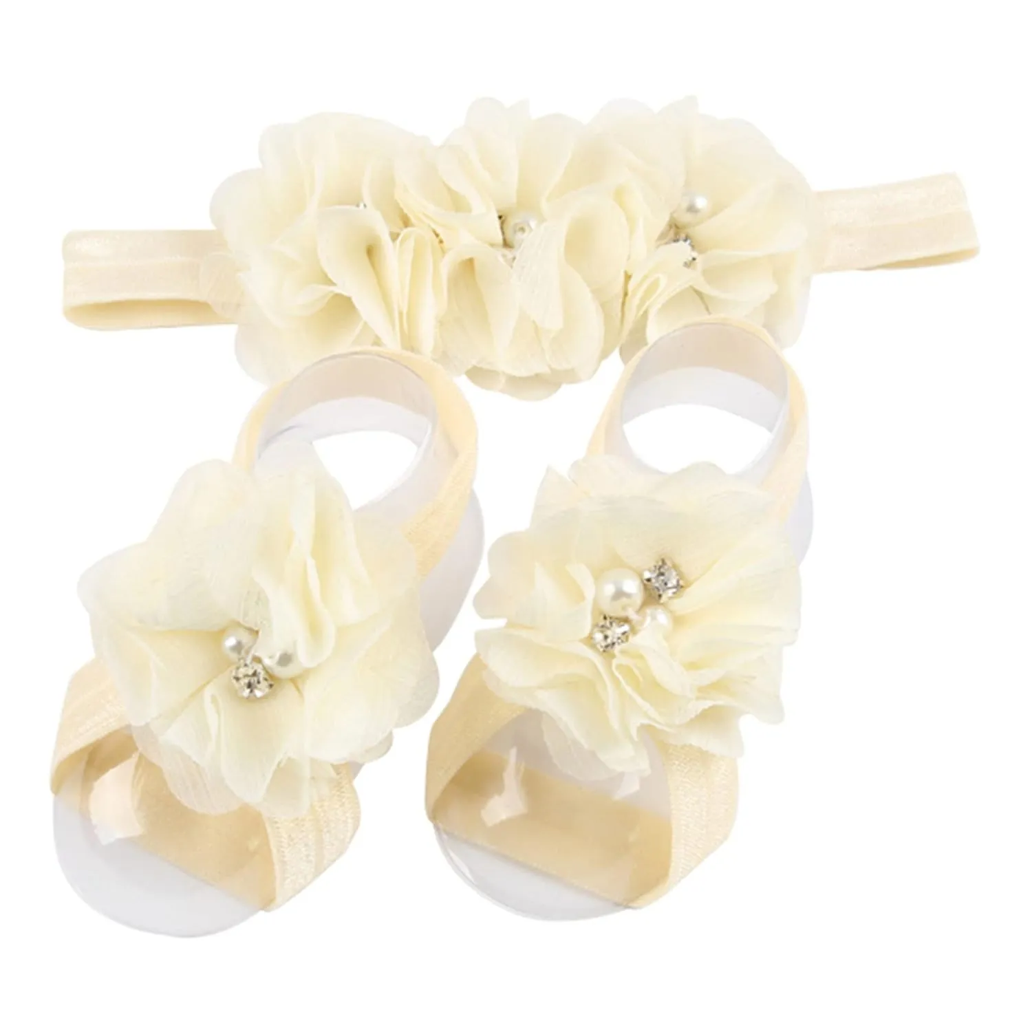 Baby girls infant crochet butterfly headbands and knitted flower barefoot sandals.(BBFJ3) (Beige)