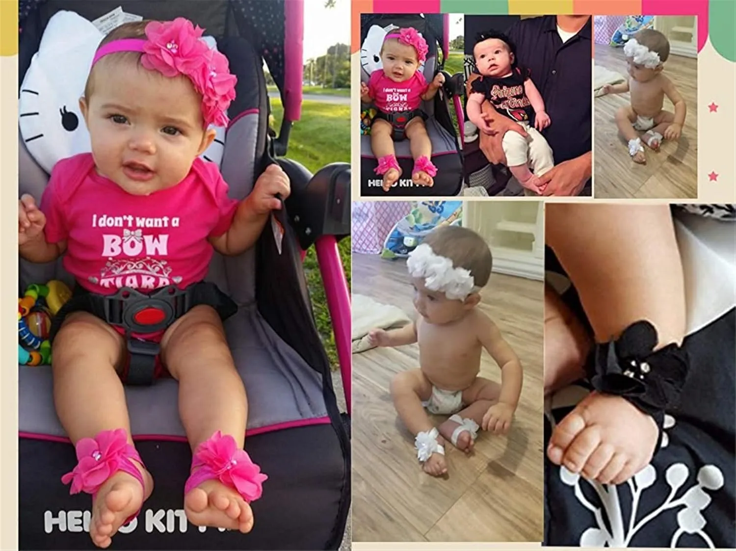 Baby girls infant crochet butterfly headbands and knitted flower barefoot sandals.(BBFJ3) (Beige)