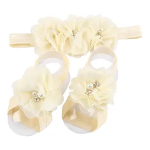 Baby girls infant crochet butterfly headbands and knitted flower barefoot sandals.(BBFJ3) (Beige)